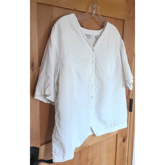 Vintage Lord & Taylor 100% Linen White Blouse Top Short Sleeve V Neck Button Up - Picture 3 of 4